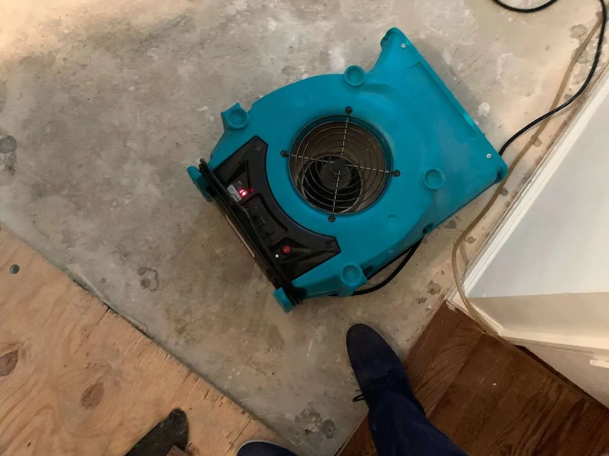 Air mover drying subfloor during Commercial Water Damage Restoration in Silsbee